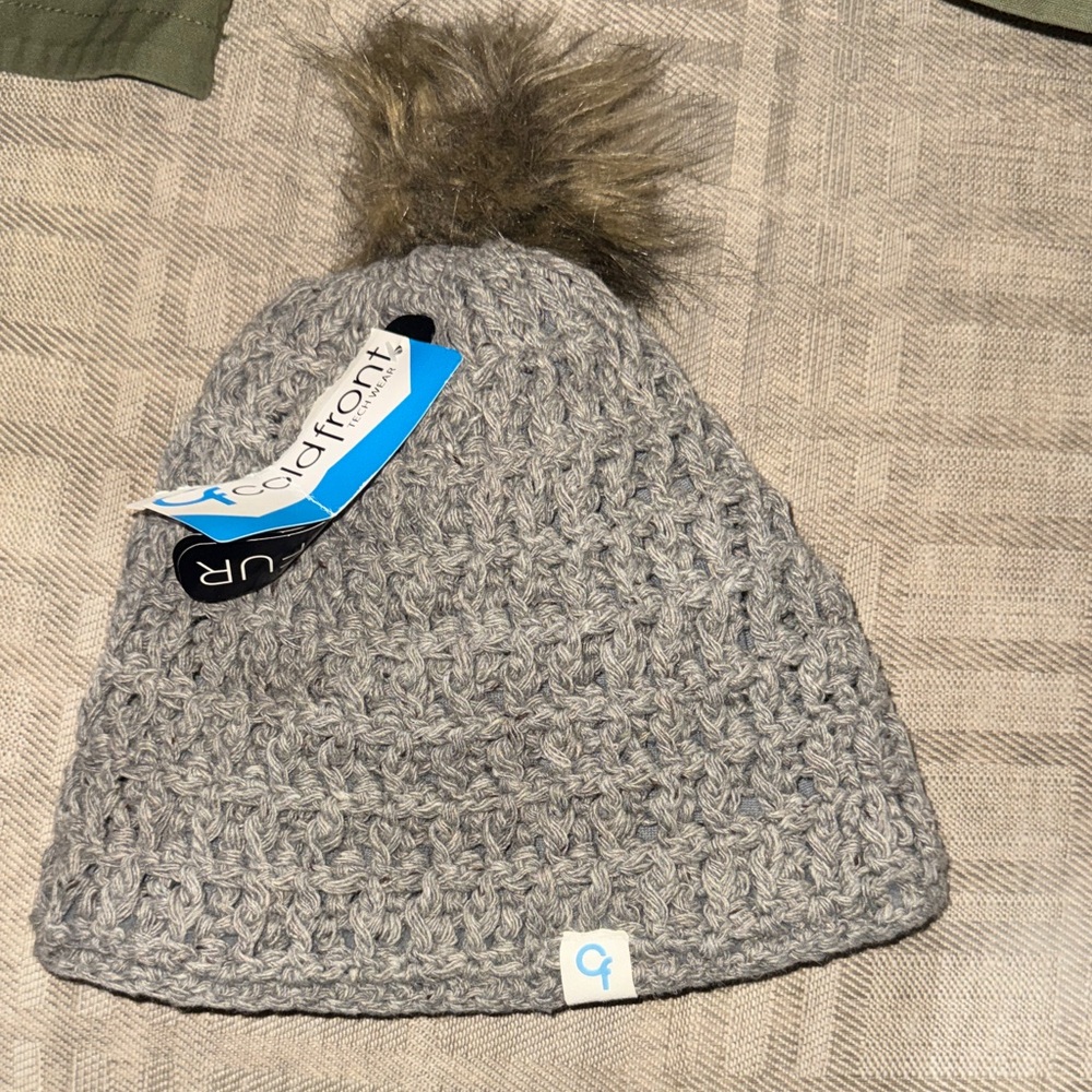 Cozy Gray Knit Beanie with Faux Fur fleece lined